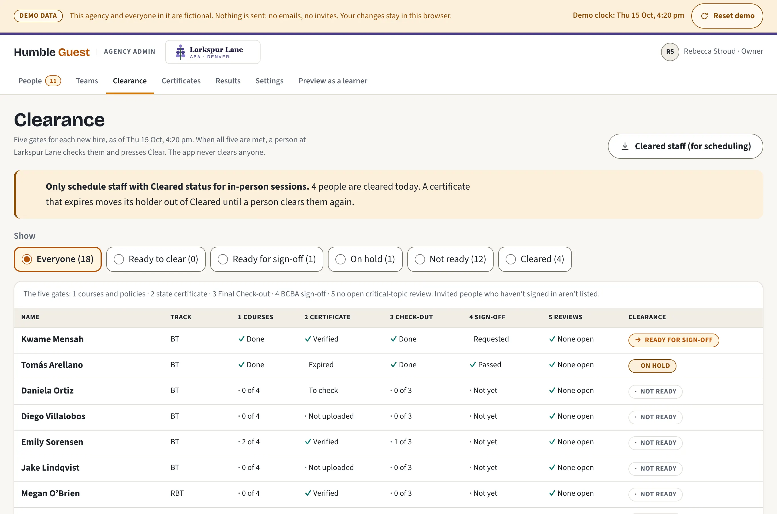 The Clearance screen: five gates for each new hire, with a person clearing each one; the app never clears anyone. A table shows each person’s gates, such as courses done, certificate verified, check-out done and sign-off requested, and a status such as ready for sign-off or not ready.